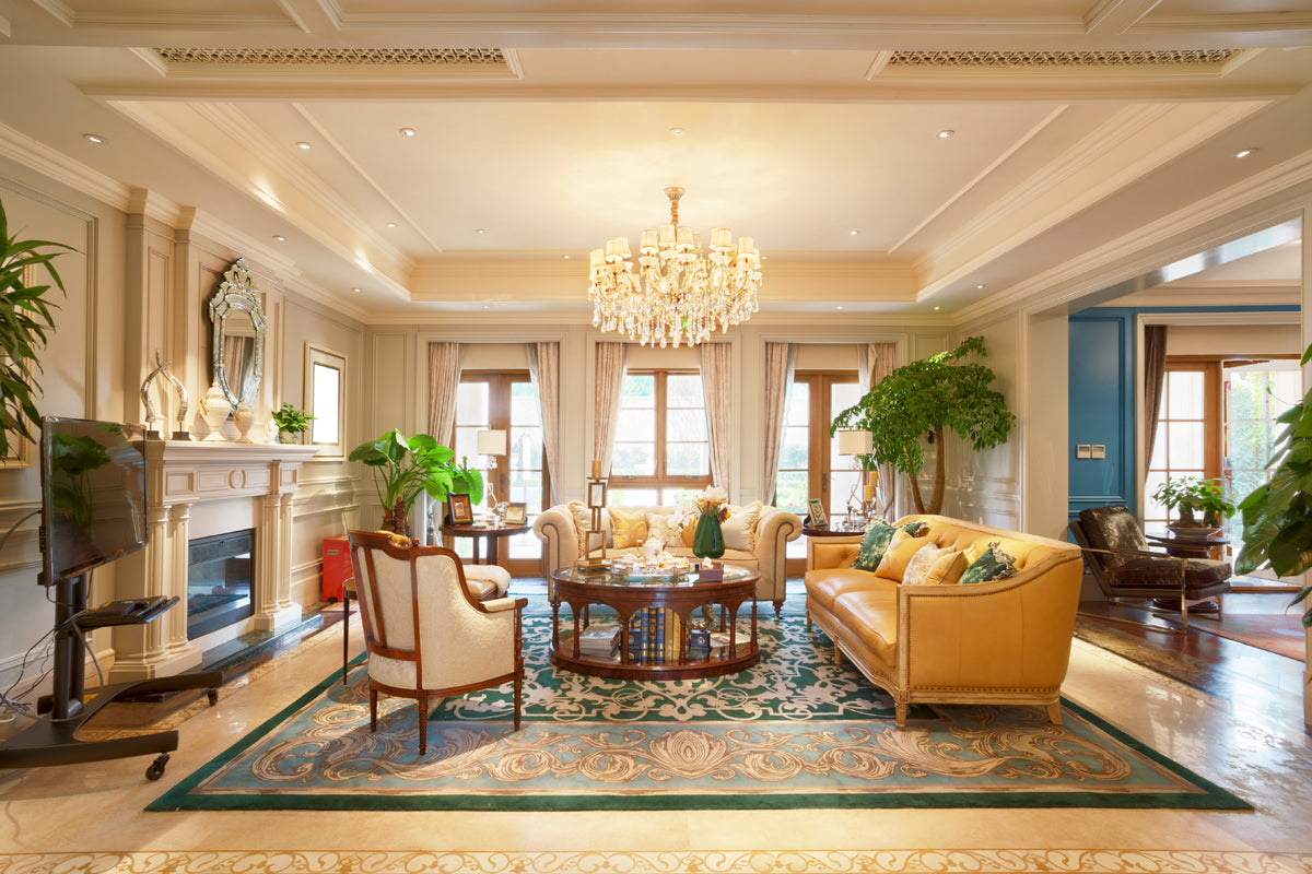 Crystal Chandelier Illuminating in a Living Room