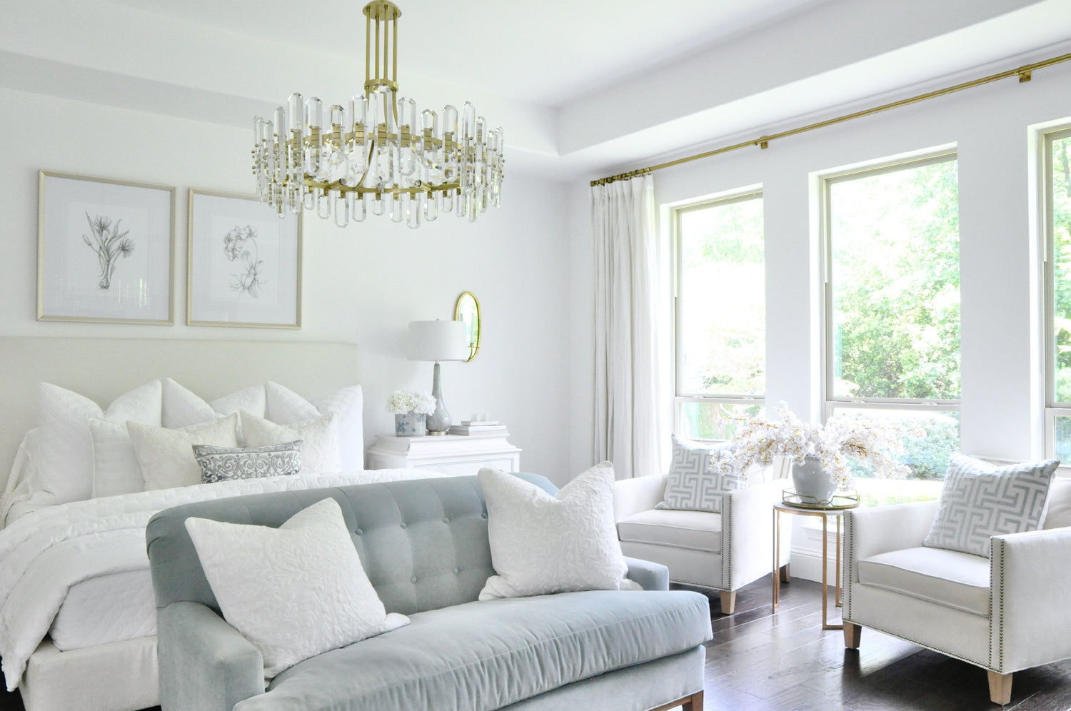 A Modern Crystal Chandeliers showcased in a Modern Bedroom setting.