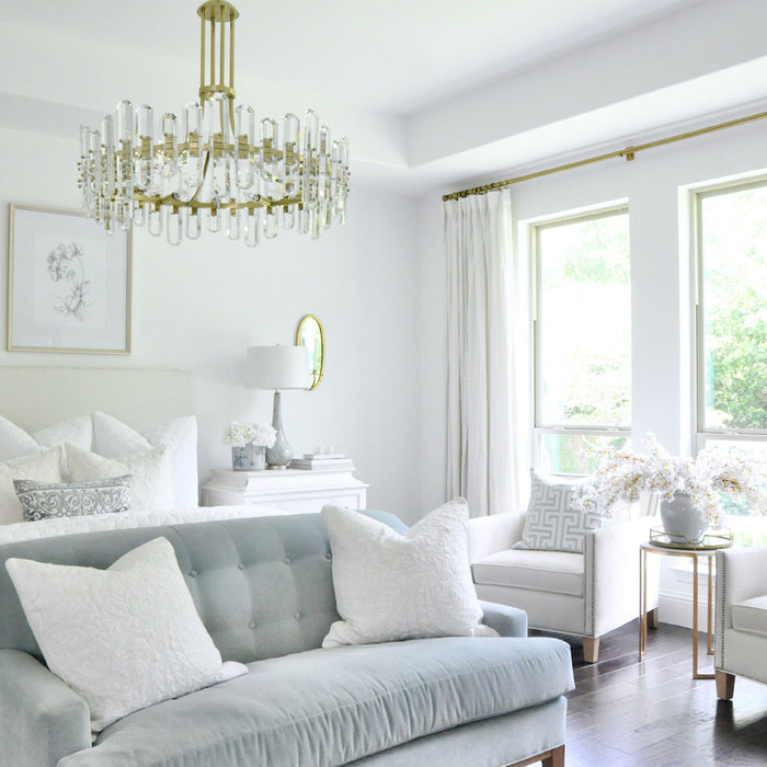 A Modern Crystal Chandeliers showcased in a Modern Bedroom setting.