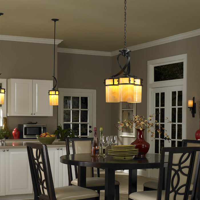 Craftsman & Mission Style Pendant Lighting showcased above a Kitchen Island and Dining Table.