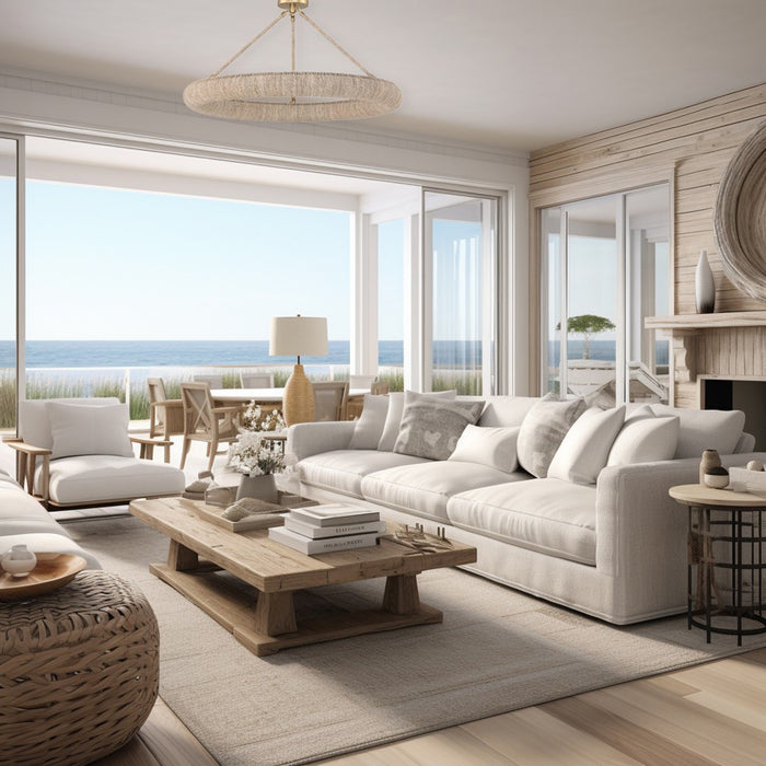 Coastal themed living room featuring a natural style chandelier.