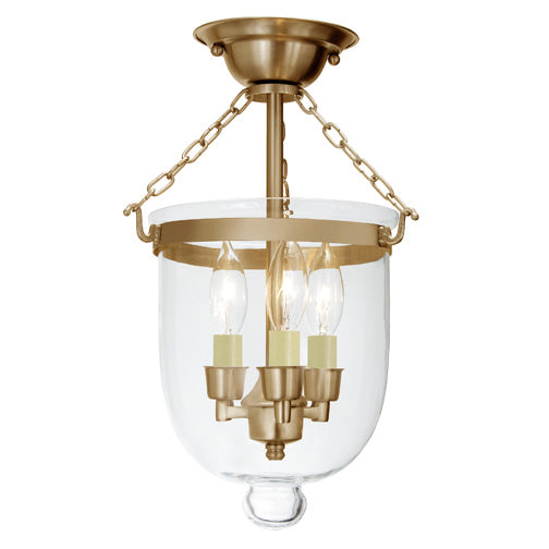 Jaylin Small Semi Flush Bell Jar Lantern with Clear Glass in Satin Brass