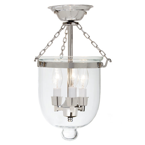 Jaylin Small Semi Flush Bell Jar Lantern with Clear Glass in Polished Nickel