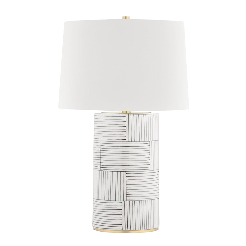 Borneo 1 Light Table Lamp in Aged Brass/Stripe with White Belgian Linen Shade