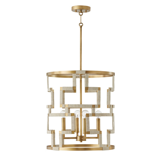 Hala Four Light Foyer Pendant in Bleached Natural Jute and Patinaed Brass