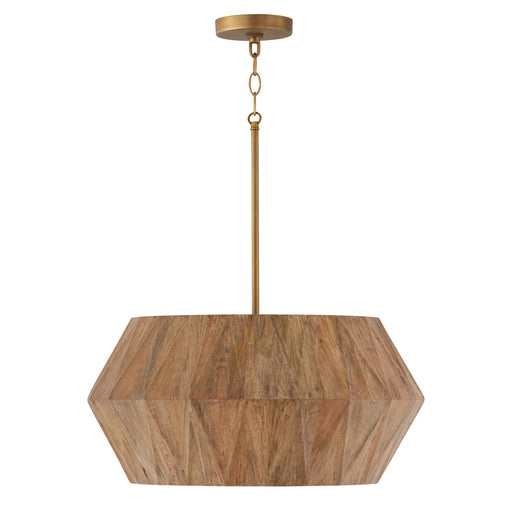 Nadeau Four Light Pendant in Light Wood and Patinaed Brass