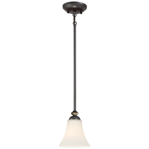 Shadowglen 1-Light Mini-Pendant in Lathan Bronze with Gold Highli & Etched White Glass - Lamps Expo