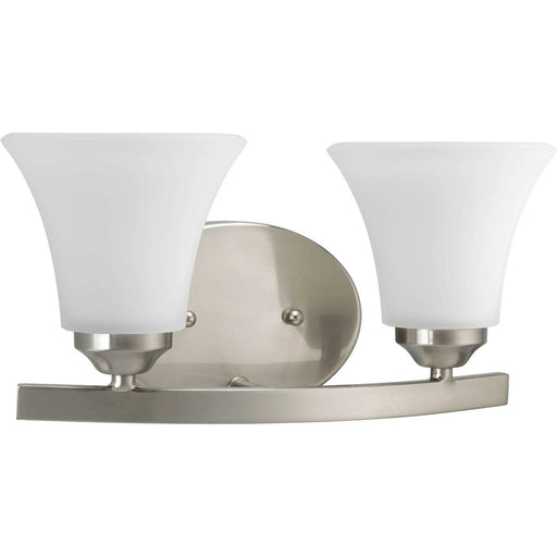 Adorn 2-Light Bath & Vanity Lighting in Brushed Nickel with Etched White Glass