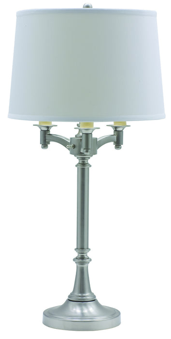 Lancaster 31.75 Inch Satin Nickel Six Way Table Lamp with White Linen Hardback