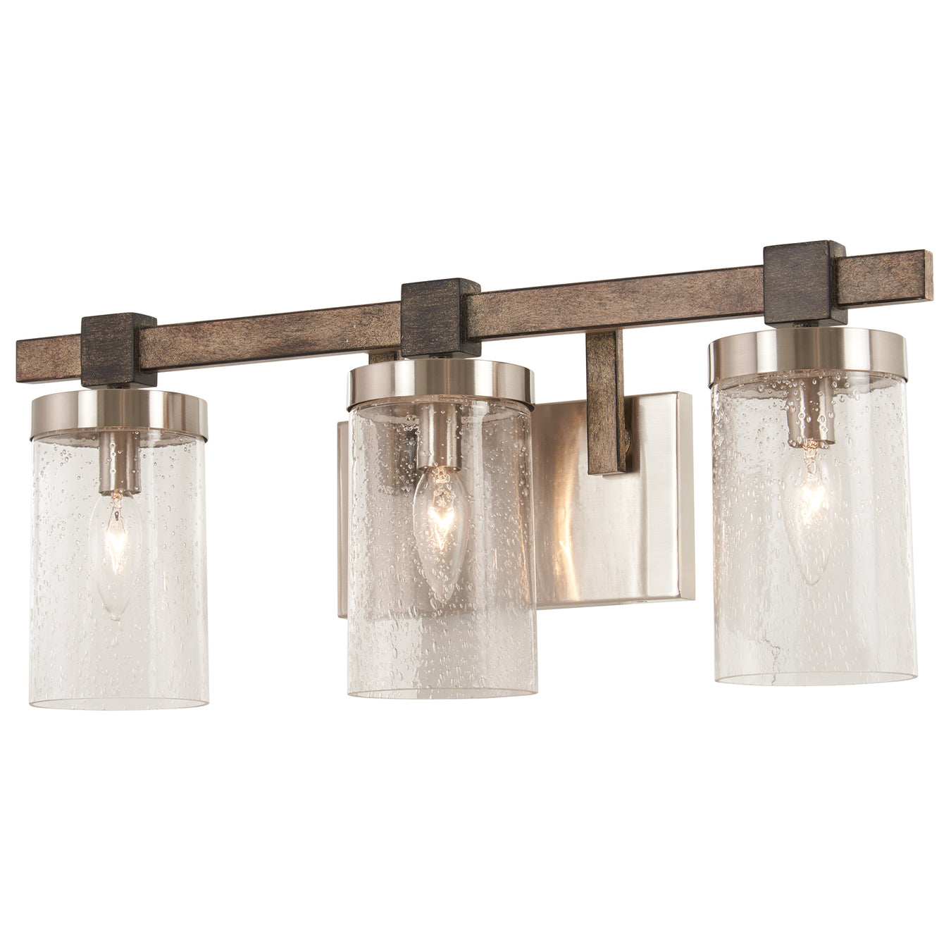 Bridlewood 3-Light Bath Vanity in Stone Grey with Brushed Nickel & Clear Seedy Glass - Lamps Expo