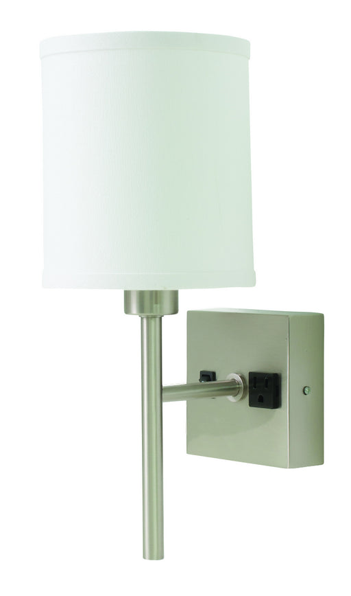 Wall Lamp In Satin Nickel With Convenience Outlet with White Linen Hardback