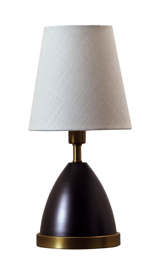 Geo 12 Inch Parabola Mini Accent Lamp in Mahogany Bronze with Weathered Brass Accents with Linen Hardback