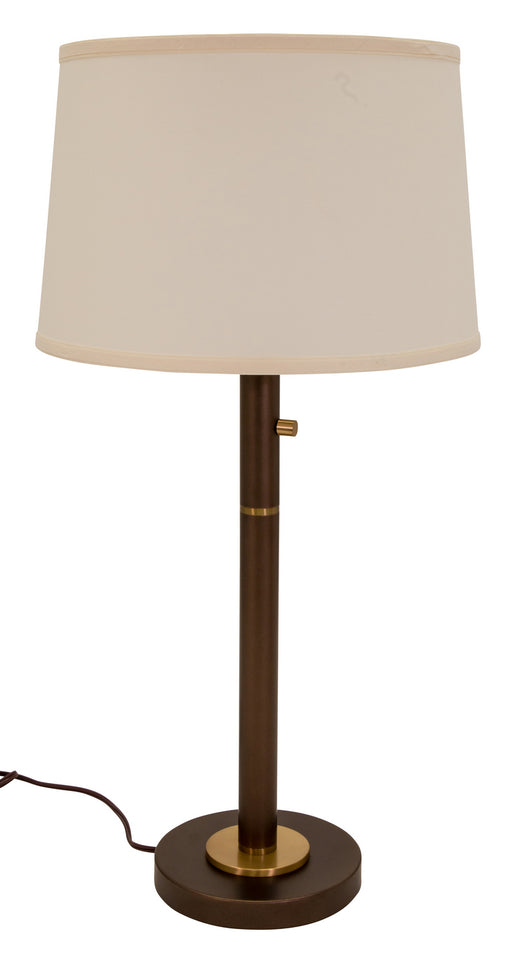 Rupert Three Way Table Lamp In Chestnut Bronze With Weathered Brass Accents And Usb Port with Off White Linen Hardback