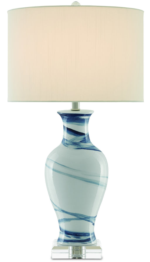 Hanni 1 Light Table Lamp in White & Blue with Off White Shantung Shade