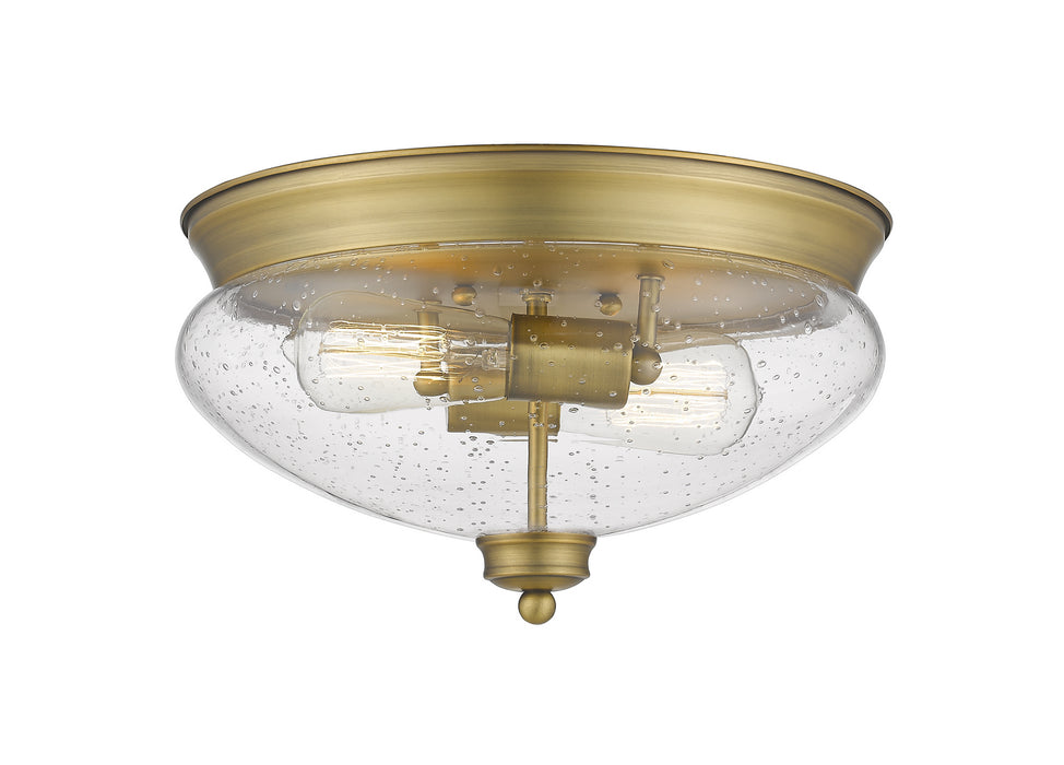Amon 2 Light Flush Mount in Heritage Brass with Clear Seedy Glass