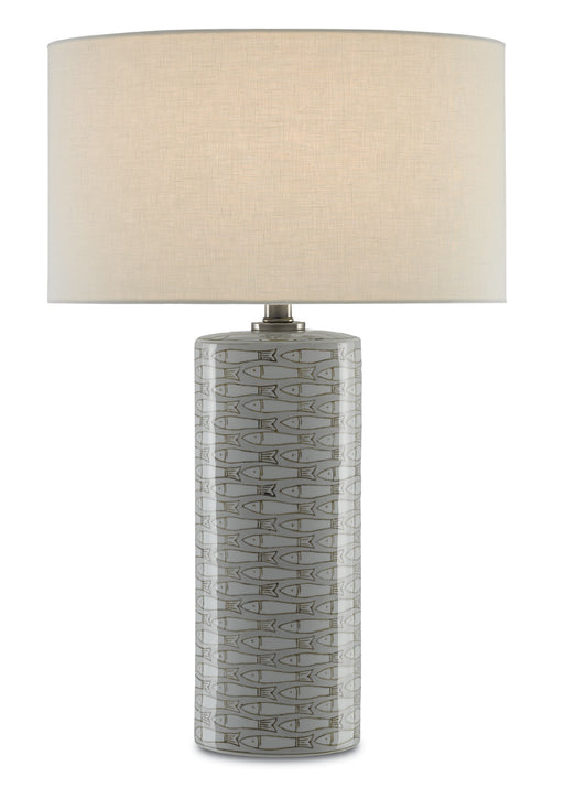 Fisch 1-Light Table Lamp in Gray & White & Antique Nickel with Off-White Linen Shade - Lamps Expo