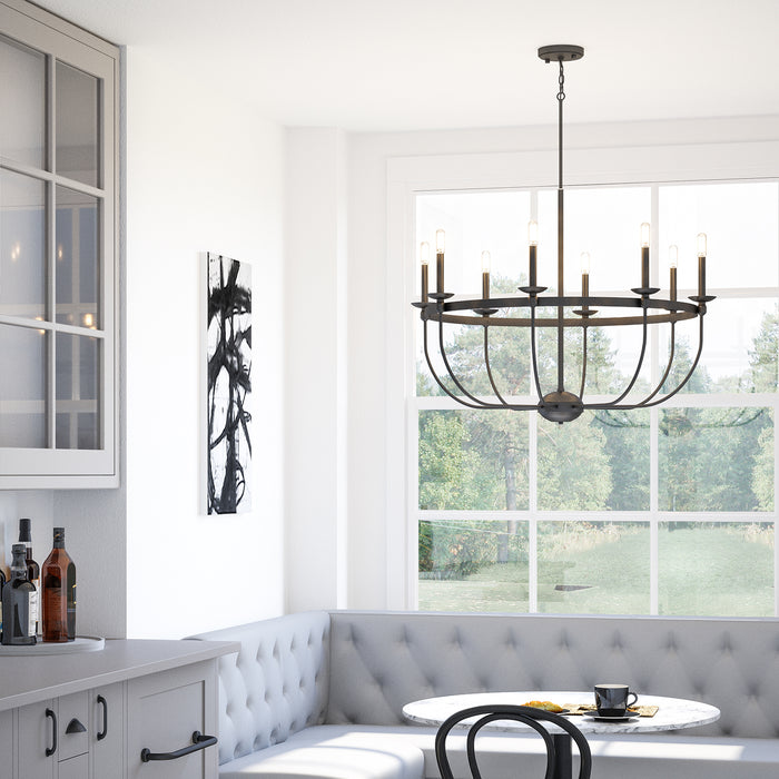 Rustic Style Chandelier showcased above a breakfast nook table.
