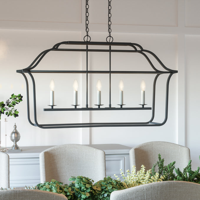 Transitional style chandelier showcased above a dining table.