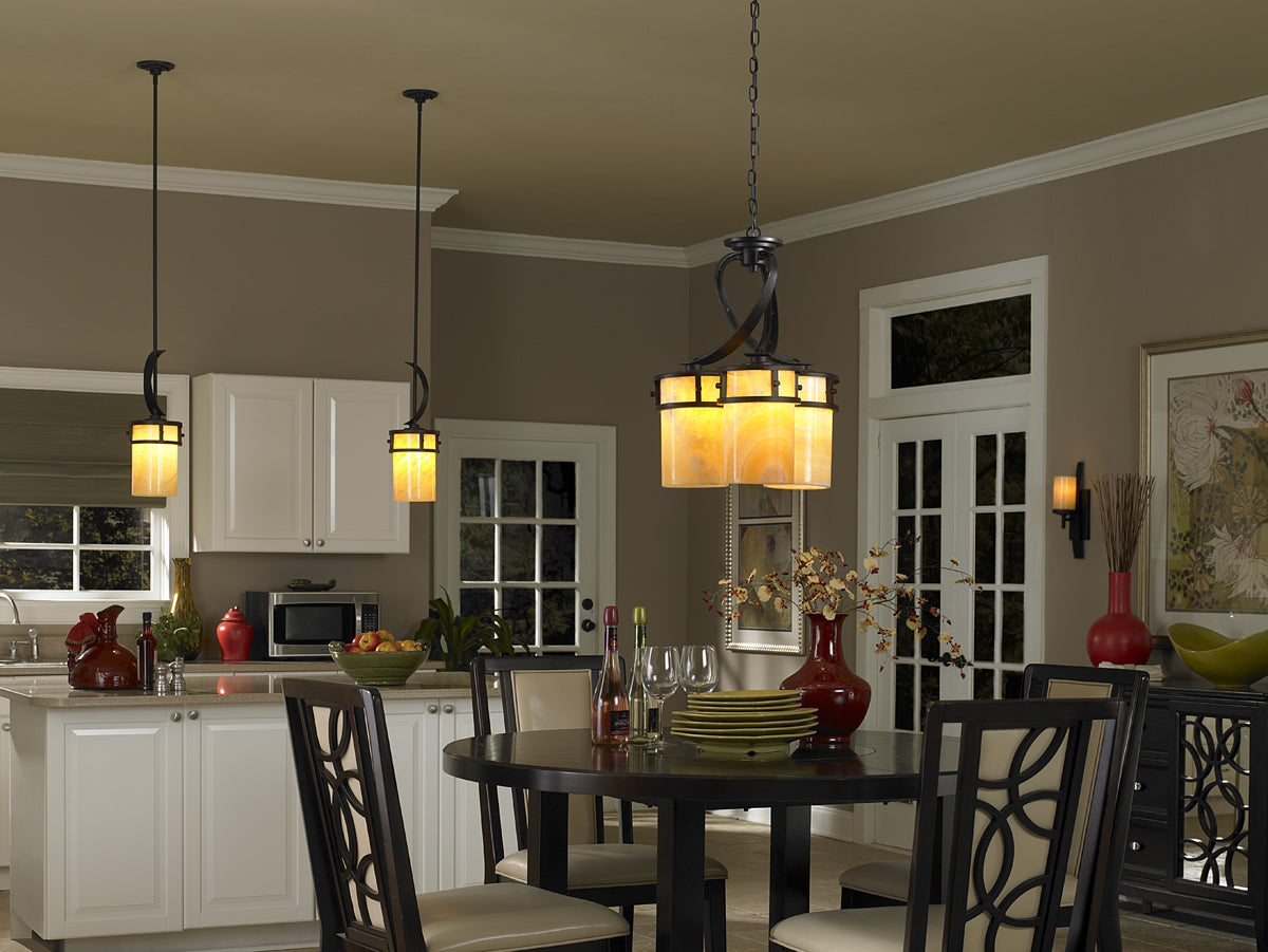 Craftsman & Mission Style Pendant Lighting showcased above a Kitchen Island and Dining Table.