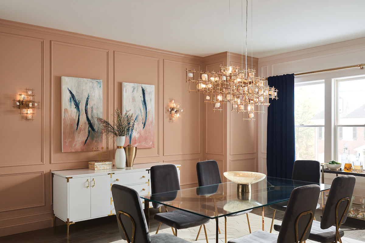 Contemporary Wall Lights with a matching Chandelier in a Dining Room.