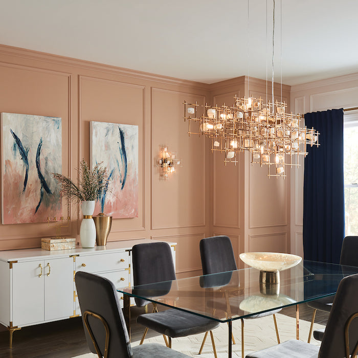 Contemporary Wall Lights with a matching Chandelier in a Dining Room.