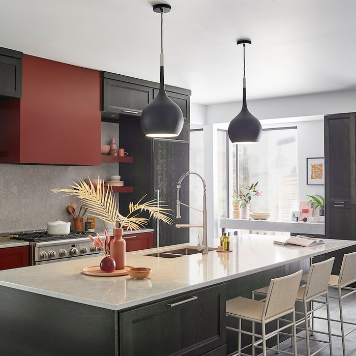 Modern style kitchen showcasing two downlight pendant lights above a kitchen island.
