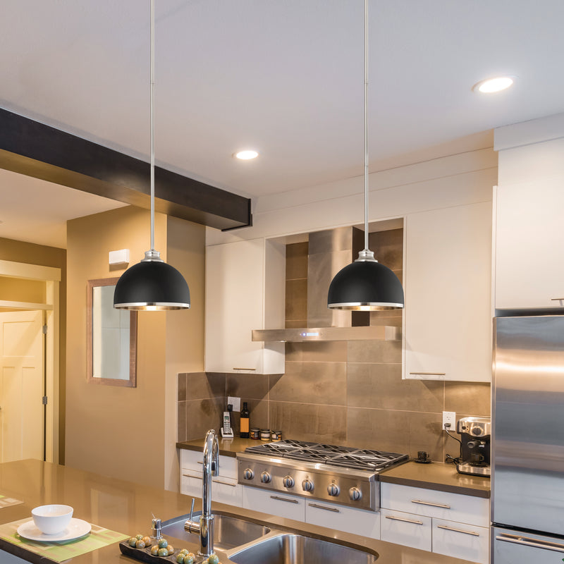 Landry 1 Light 10" Pendant in Matte Black + Brushed Nickel in a room setting
