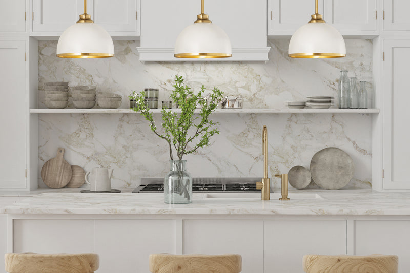 Landry 1 Light 10" Pendant in Matte White + Rubbed Brass in a room setting