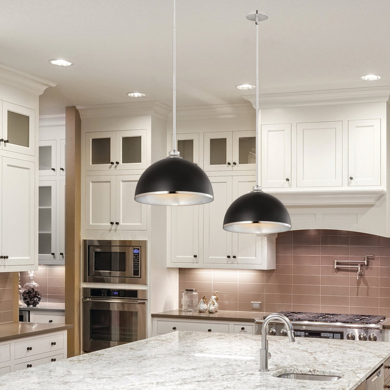 Landry 1 Light 14" Pendant in Matte Black + Chrome in a room setting