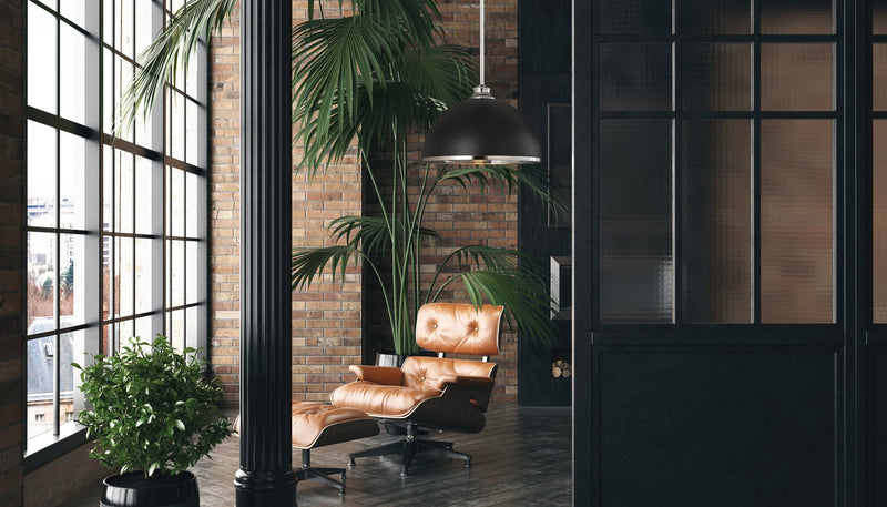 Landry 1 Light 14" Pendant in Matte Black + Chrome in a room setting