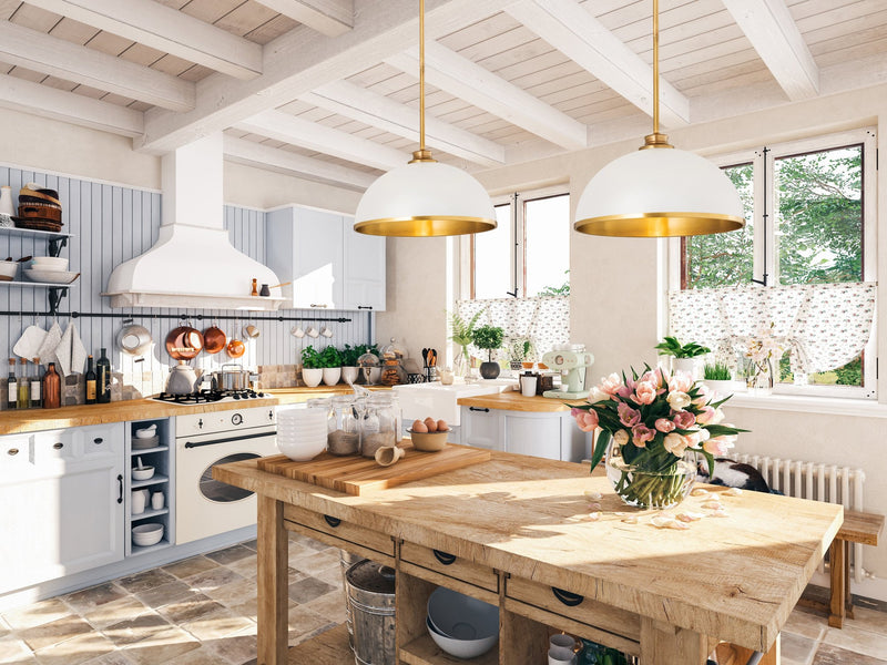 Landry 1 Light 14" Pendant in Matte White + Rubbed Brass in a room setting