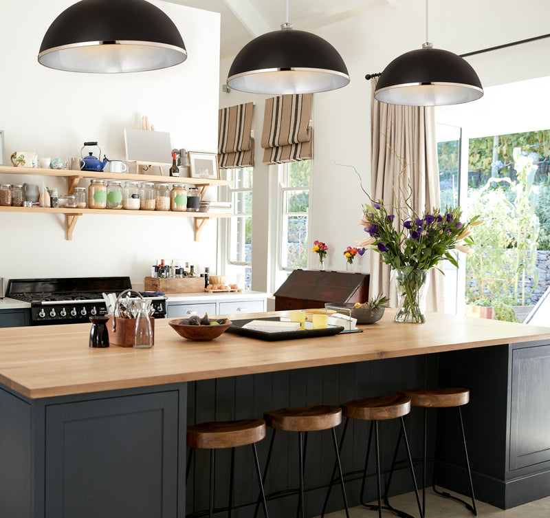Landry 1 Light 20" Pendant in Matte Black + Chrome in a room setting