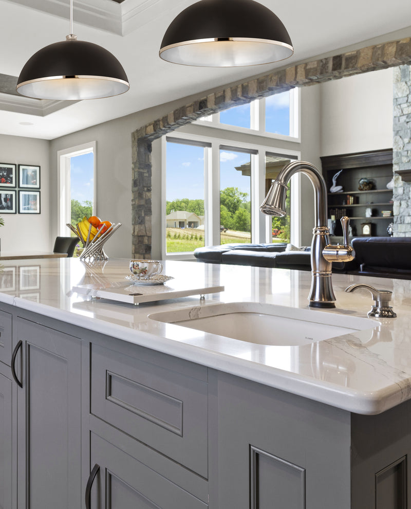 Landry 1 Light 20" Pendant in Matte Black + Chrome in a room setting