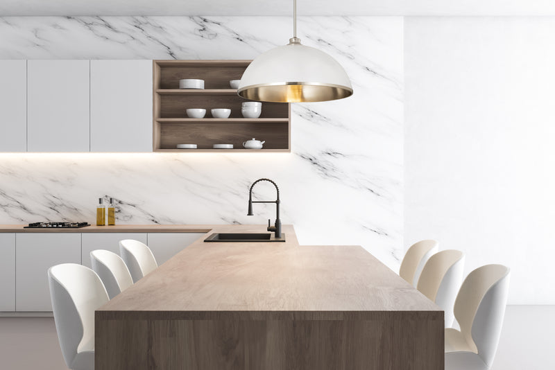 Landry 1 Light 20" Pendant in Matte White + Brushed Nickel in a room setting