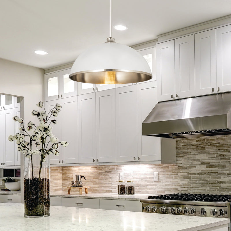 Landry 1 Light 20" Pendant in Matte White + Brushed Nickel in a room setting
