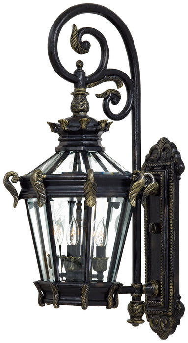 Stratford Hall 4-Light Wall Mount in Heritage with Gold Highlights & Clear Beveled Panels Glass