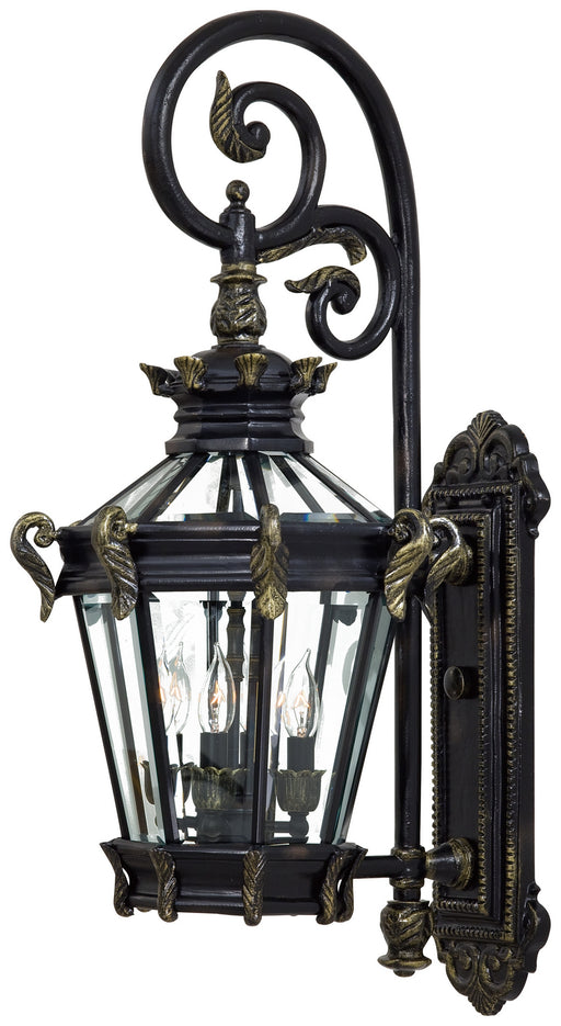 Stratford Hall 4-Light Wall Mount in Heritage with Gold Highlights & Clear Beveled Panels Glass