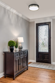 Algar 1 Light 12" Flush Mount in Matte Black + Brushed Nickel in a room setting