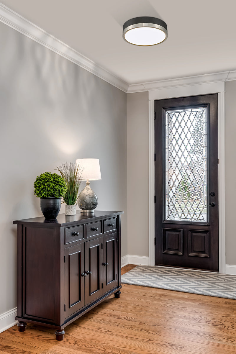 Algar 1 Light 12" Flush Mount in Matte Black + Brushed Nickel in a room setting