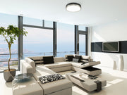 Algar 1 Light 16" Flush Mount in Matte Black + Brushed Nickel in a room setting