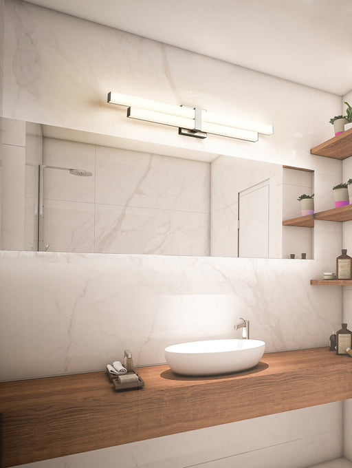 Zane 2 Light 32" Vanity in Brushed Nickel in a room setting