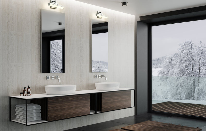 Liam 1 Light 13" Vanity in Chrome in a room setting
