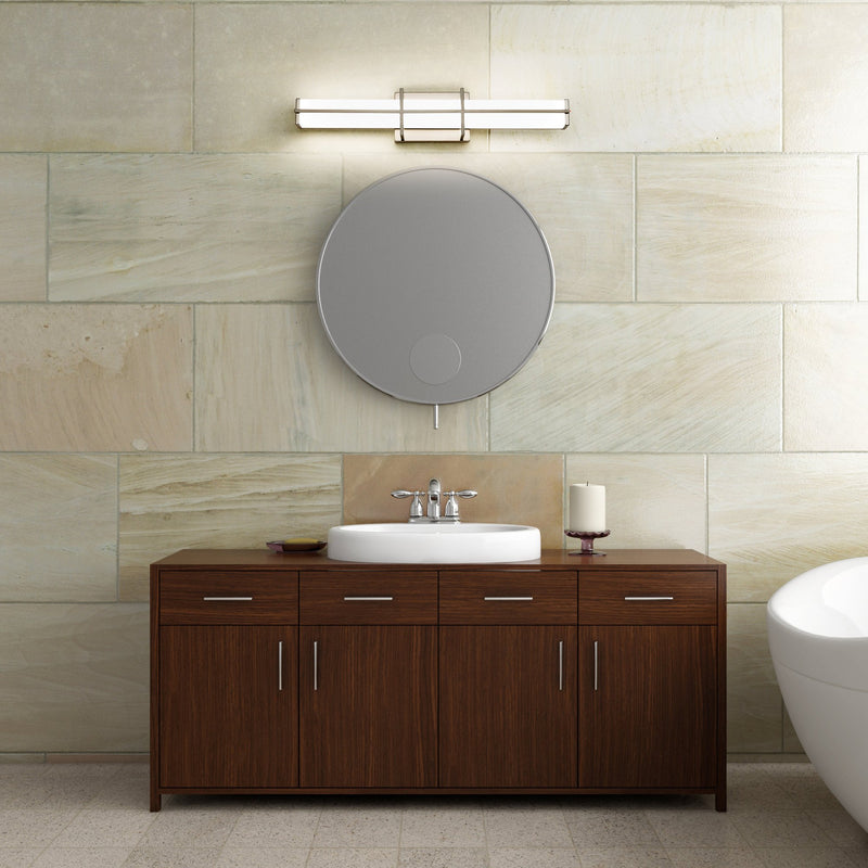 Harrison 1 Light 25" Vanity in Brushed Nickel in a room setting