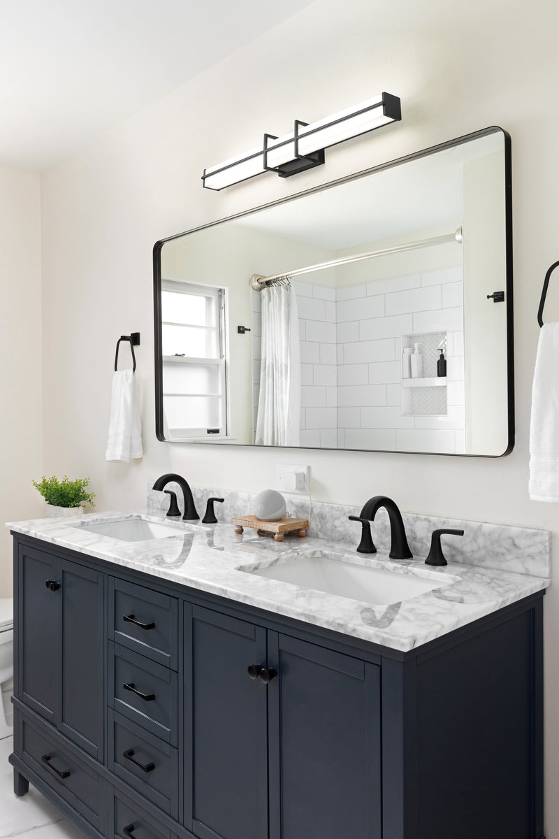 Harrison 1 Light 32" Vanity in Matte Black in a room setting
