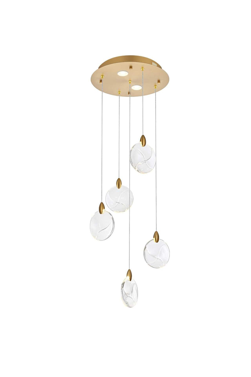 Avery 16" Round Crystal Pendant in Satin Gold And Clear