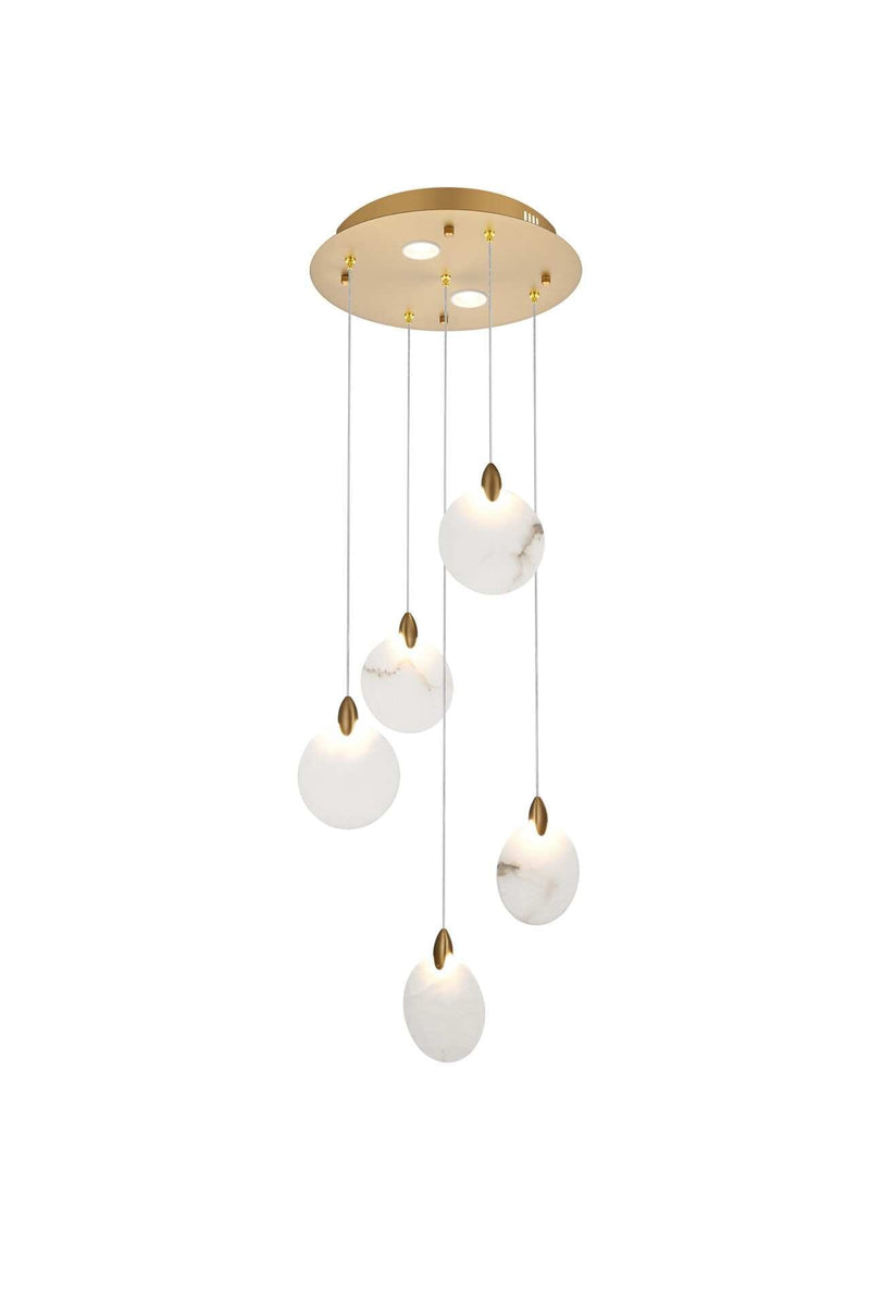 Avery 16" Round Alabaster Pendant in Satin Gold And Frosted White