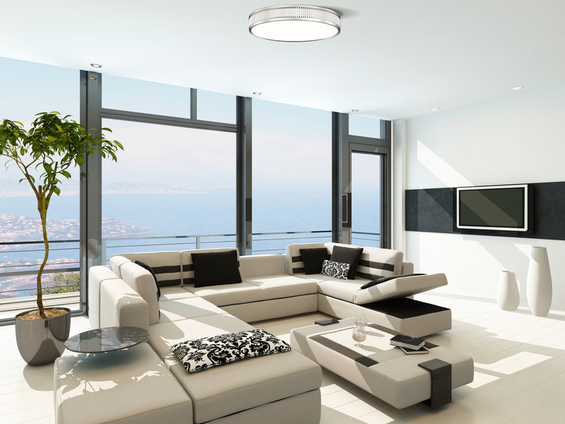 Stari 1 Light 20.75" Flush Mount in Brushed Nickel in a room setting