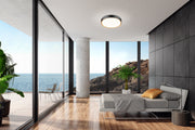 Kawan 1 Light 20" Flush Mount in Matte Black + Modern Gold in a room setting