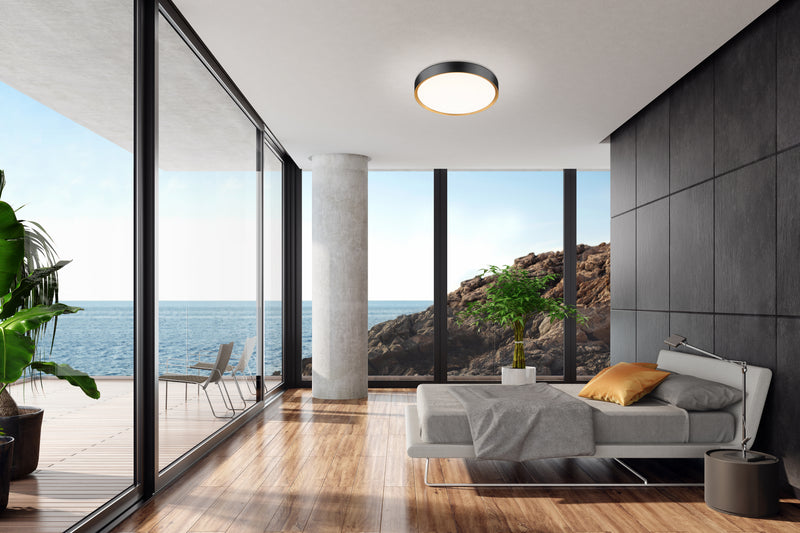 Kawan 1 Light 20" Flush Mount in Matte Black + Modern Gold in a room setting