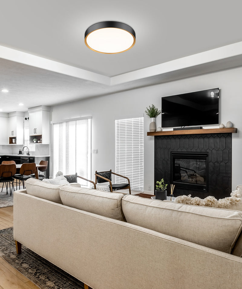Kawan 1 Light 20" Flush Mount in Matte Black + Modern Gold in a room setting